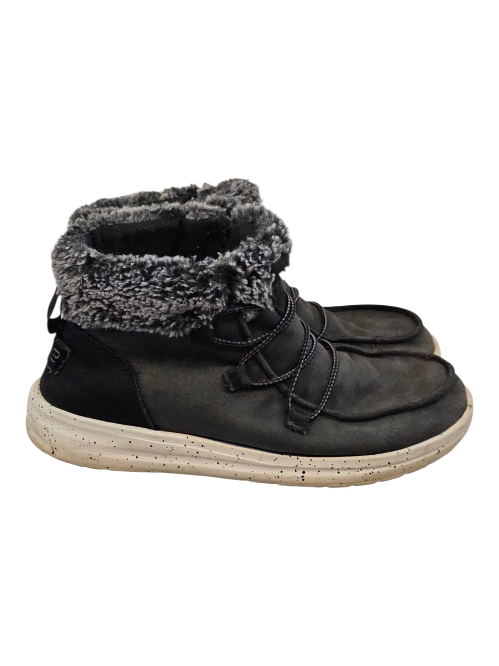 HEYDUDE Eloise Women’s Suede Faux Fur Lined Ankle Boots Black Grey Size 8 - Picture 3 of 8